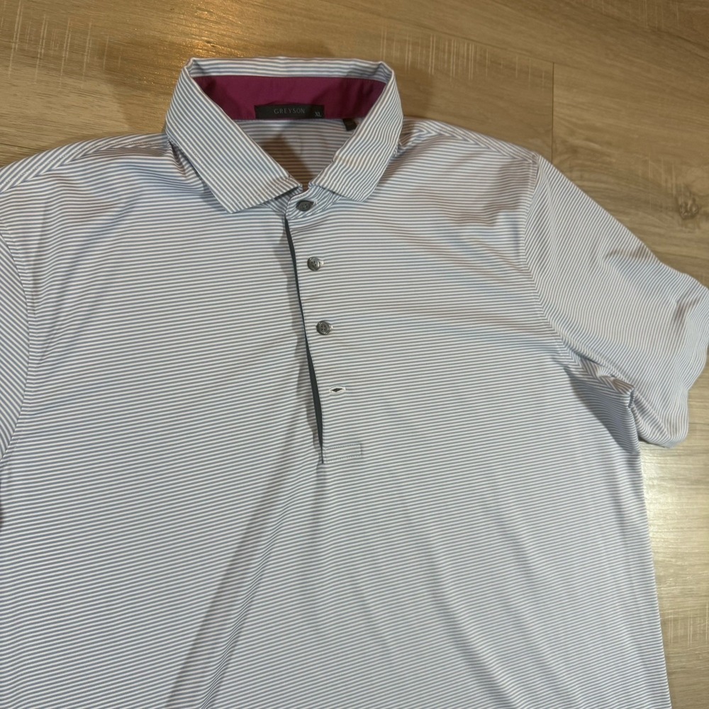 Greyson Golf Polo Mens XL White Blue Performance Striped Stretch Wolf Embroidery